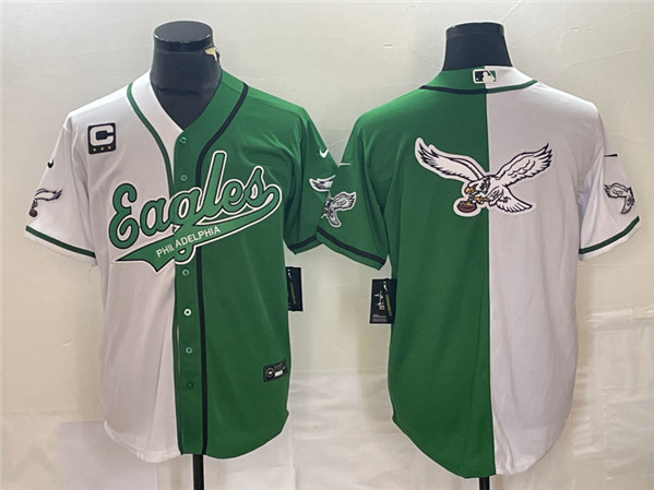 Men's Philadelphia Eagles Green/White Split Team Big Logo With 3-star C Patch Cool Base Stitched Baseball Jersey